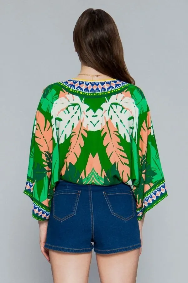 Green Leaf Print Surplice Kimono Top