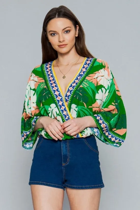 Green Leaf Print Surplice Kimono Top