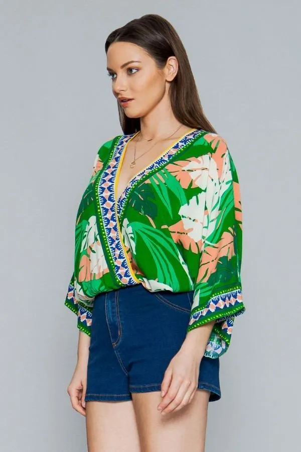 Green Leaf Print Surplice Kimono Top