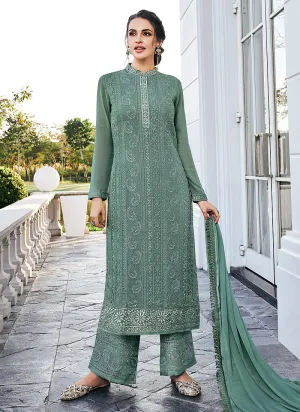 Green Lucknowi Embroidered Pants Style Suit