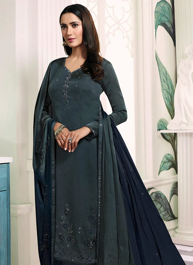 Grey Embroidered Salwar Kameez Suit