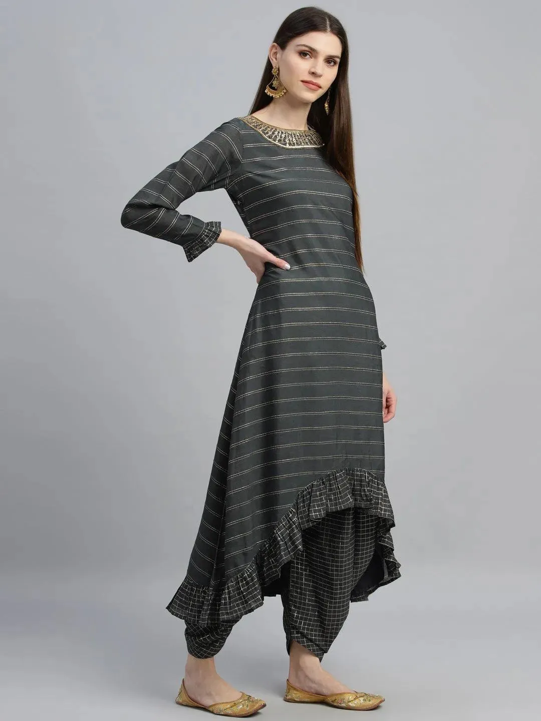 Grey Striped Shantoon A-Line Kurta With Dhoti Pant