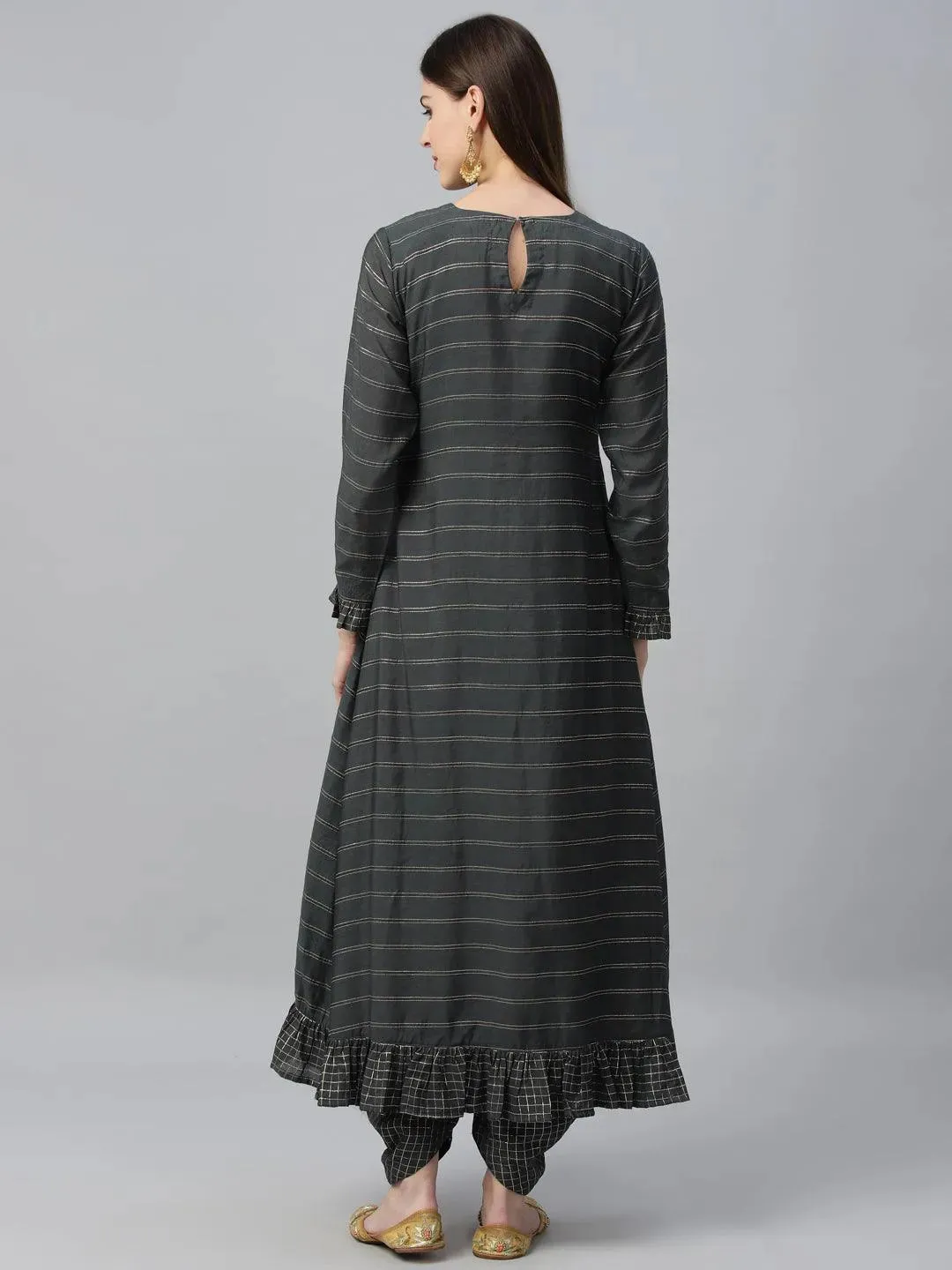 Grey Striped Shantoon A-Line Kurta With Dhoti Pant