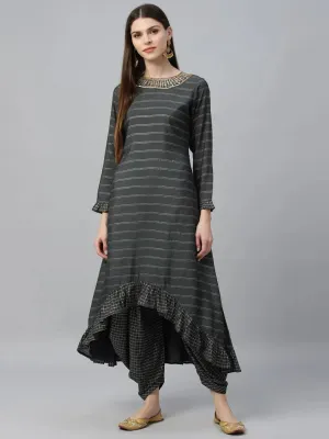 Grey Striped Shantoon A-Line Kurta With Dhoti Pant