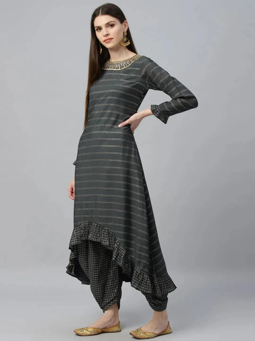 Grey Striped Shantoon A-Line Kurta With Dhoti Pant