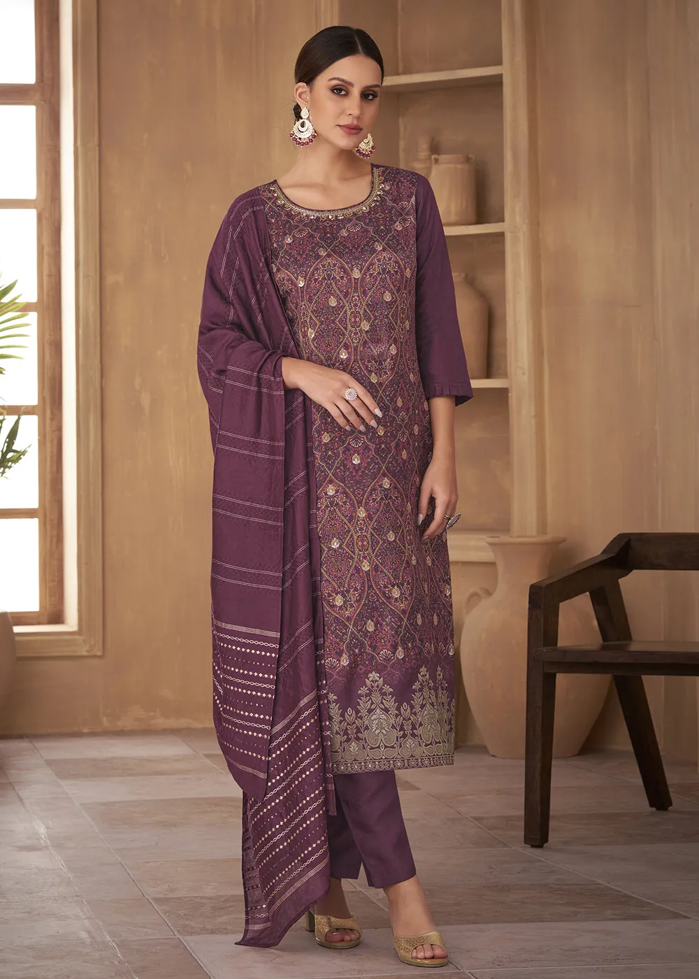 Inventive Purple Russian Silk Embroidered Pant Style Suit