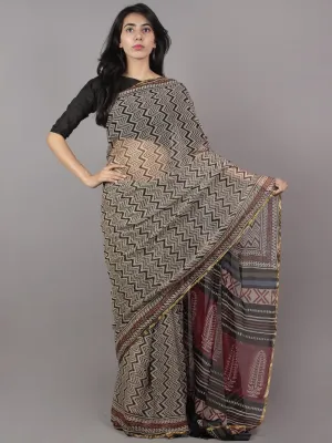 Ivory Black Hand Block Printed Chiffon Saree - S031701693