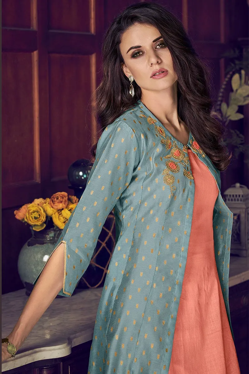 Jacket Style Dazzling Peach Embroidered Designer Suit