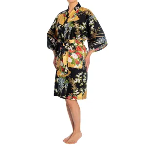 Japanese Kimono Floral Print Short Black