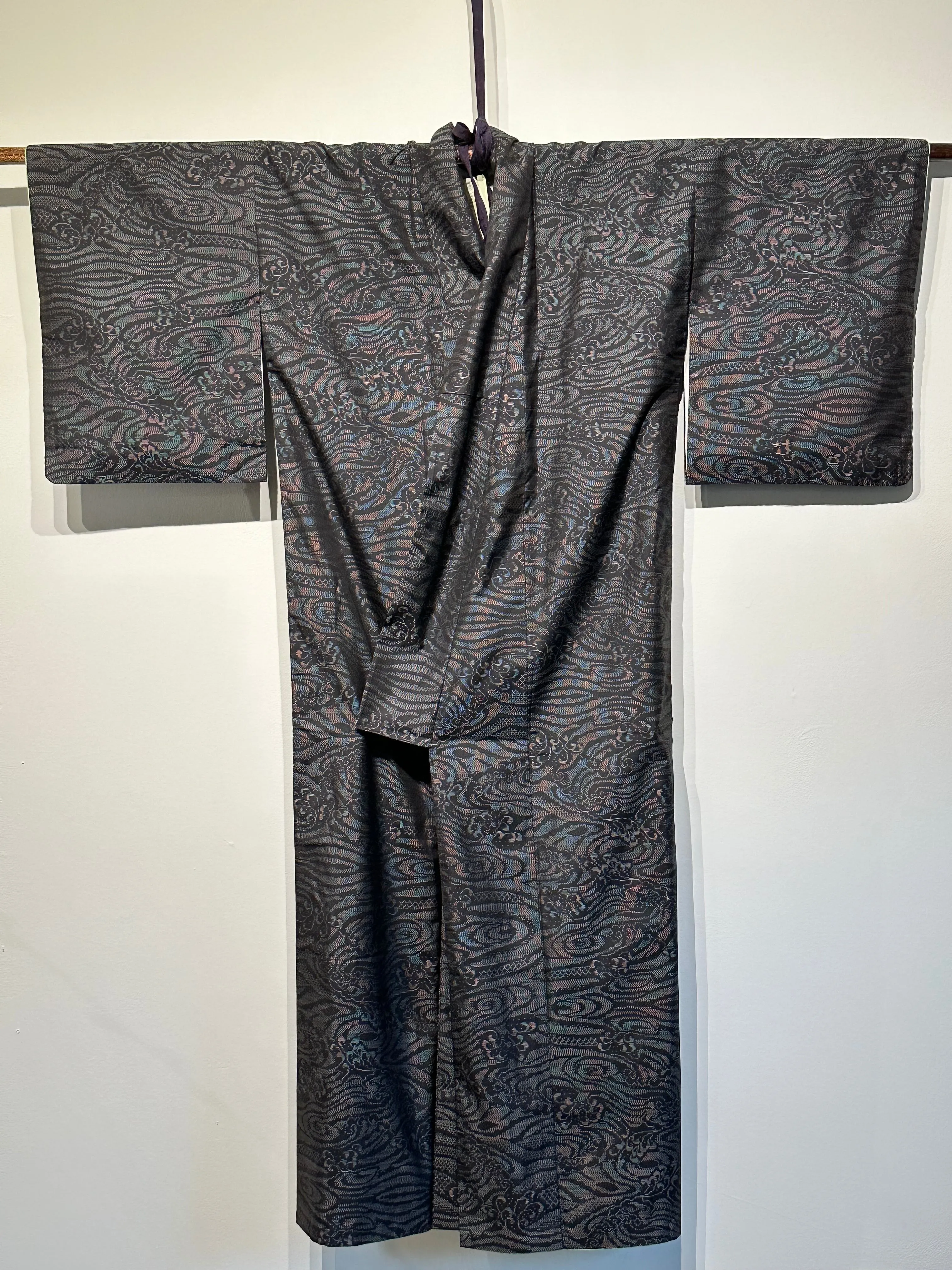 Japanese Oshima Silk Kimono Black Wave Motif