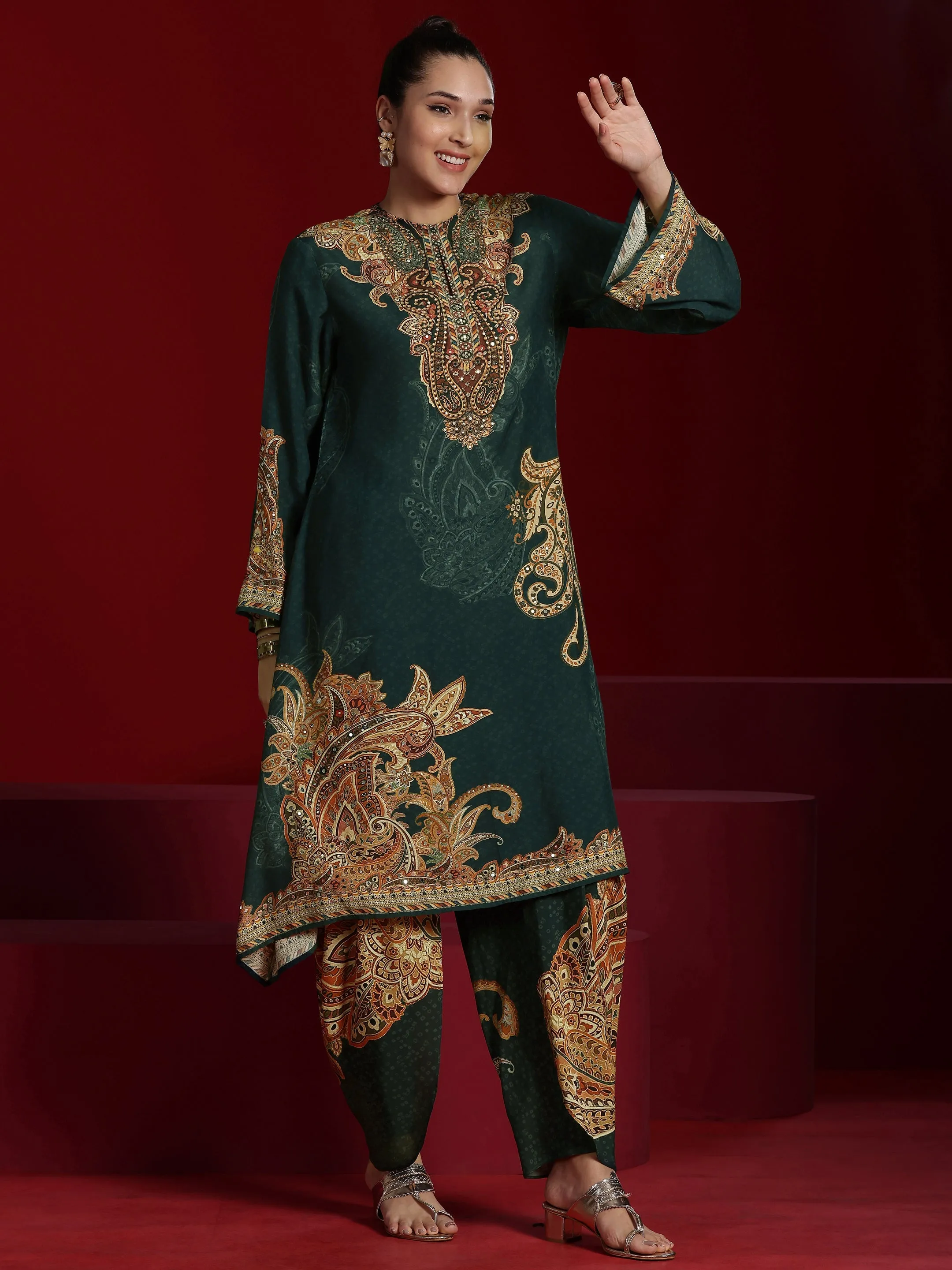 Jashvi Art Green Printed Silk Blend A-line Kurta With Dhoti Pants