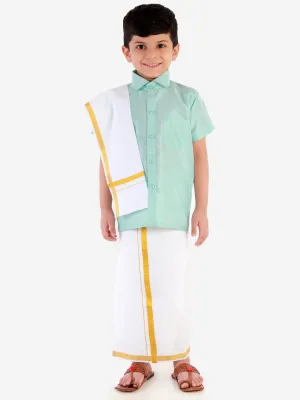 Jashvi Boys' Aqua Silk Short Sleeves Ethnic Shirt Mundu Vesty Style Dhoti Pant Set