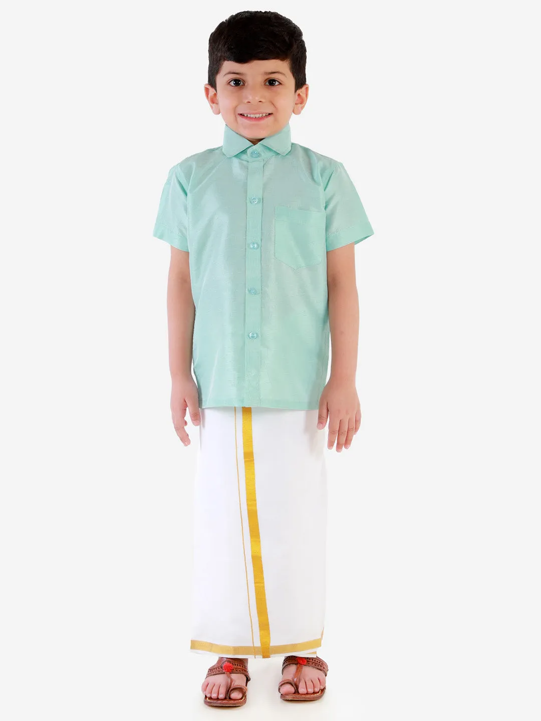 Jashvi Boys' Aqua Silk Short Sleeves Ethnic Shirt Mundu Vesty Style Dhoti Pant Set