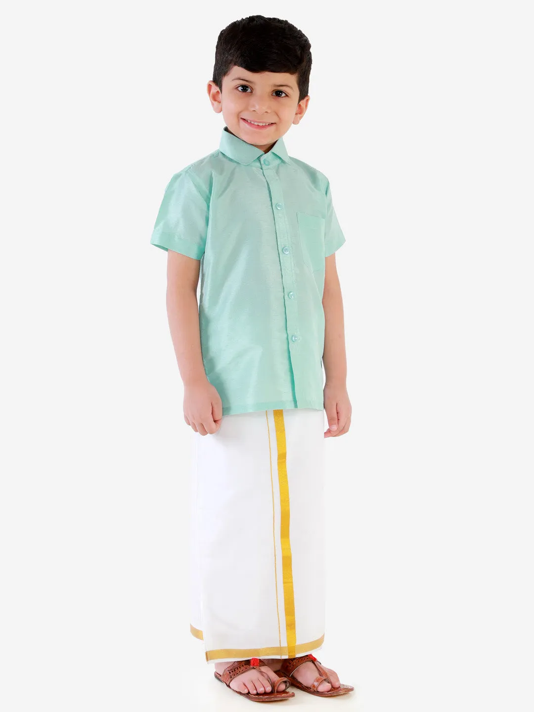 Jashvi Boys' Aqua Silk Short Sleeves Ethnic Shirt Mundu Vesty Style Dhoti Pant Set