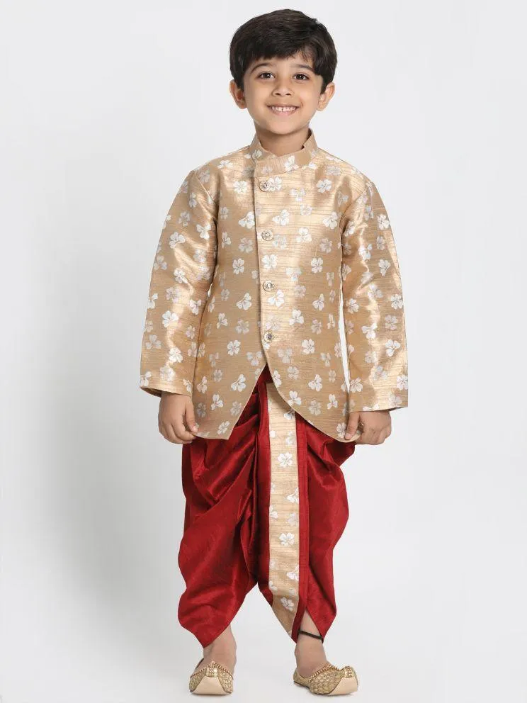 Jashvi Boys' Beige Silk Blend Sherwani and Dhoti Set