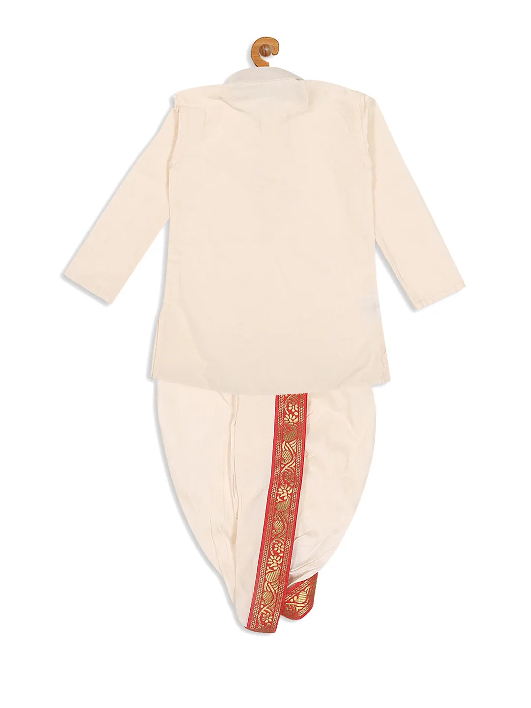 Jashvi Boy's Cream-Colored Kurta With Dhoti Pants & Dupatta Set