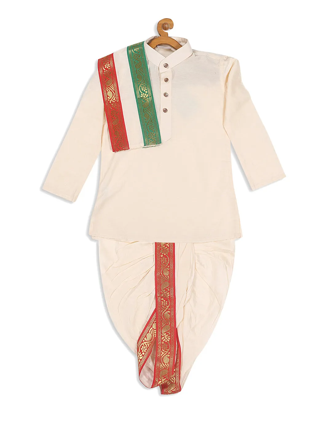 Jashvi Boy's Cream-Colored Kurta With Dhoti Pants & Dupatta Set