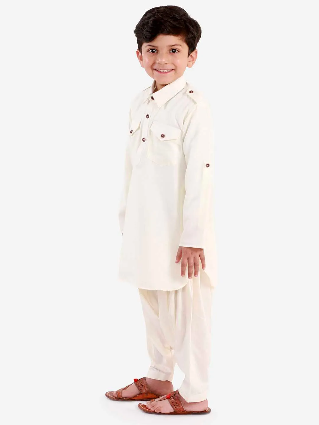 Jashvi Boys Cream Cotton Blend Pathani Suit Set