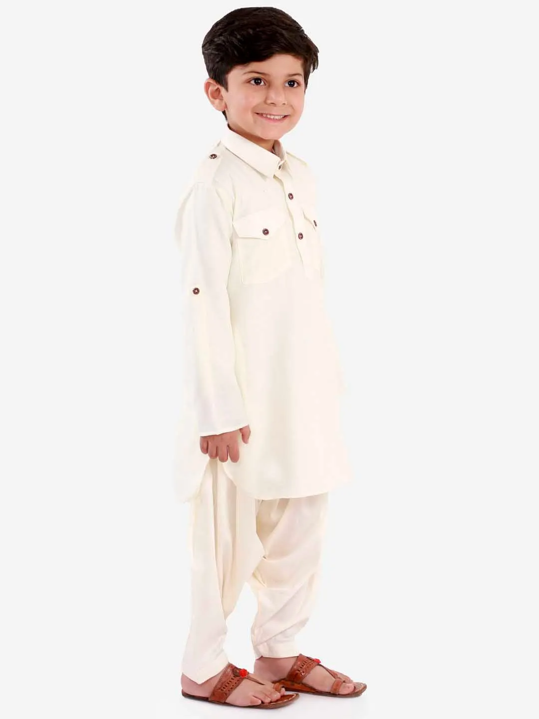 Jashvi Boys Cream Cotton Blend Pathani Suit Set