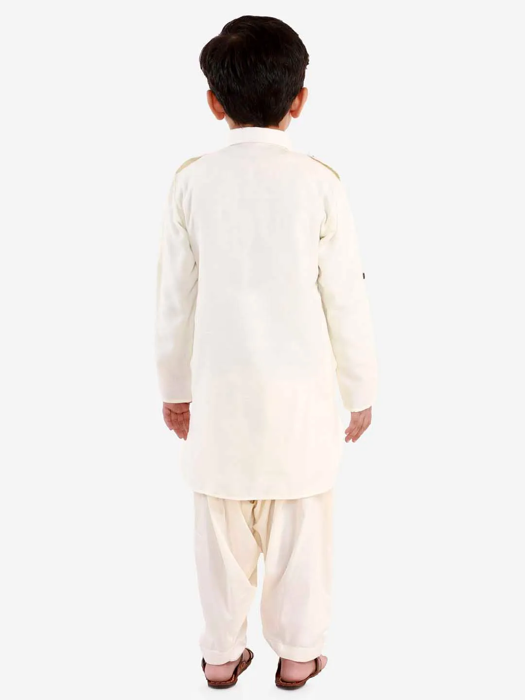 Jashvi Boys Cream Cotton Blend Pathani Suit Set