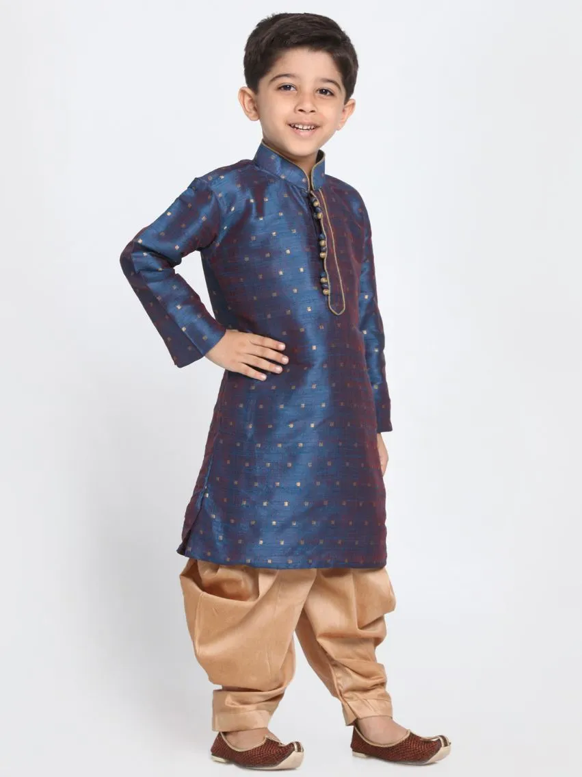 Jashvi Boys' Deep Blue Cotton Silk Blend Kurta and Rose Gold Dhoti Pant Set