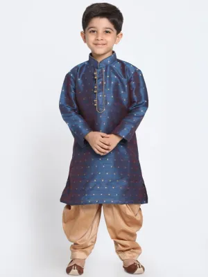 Jashvi Boys' Deep Blue Cotton Silk Blend Kurta and Rose Gold Dhoti Pant Set