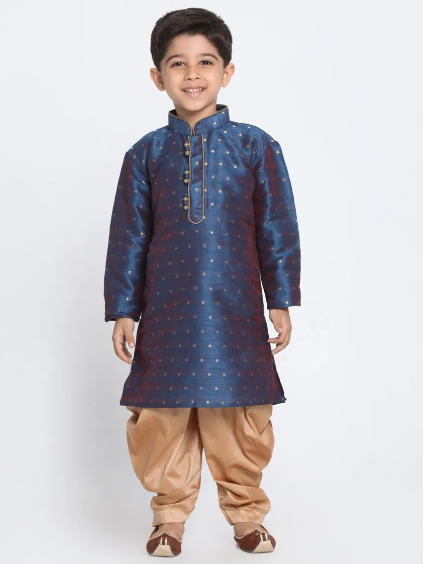 Jashvi Boys' Deep Blue Cotton Silk Blend Kurta and Rose Gold Dhoti Pant Set