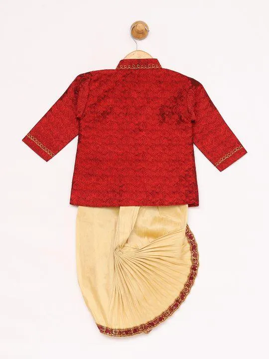 Jashvi Boy's Gold & Maroon Angrakha Kurta and Dhoti Set