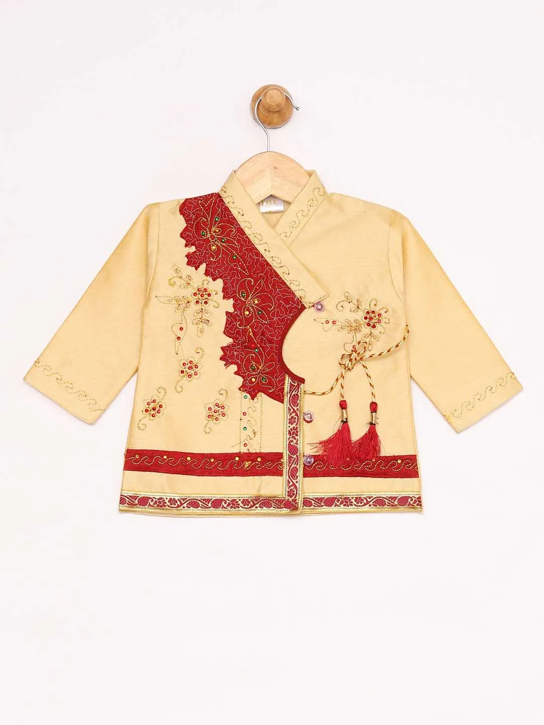 Jashvi Boy's Gold And Maroon Angrakha Kurta and Dhoti Set