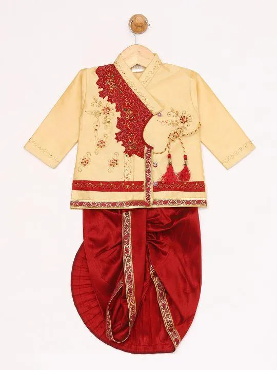 Jashvi Boy's Gold And Maroon Angrakha Kurta and Dhoti Set