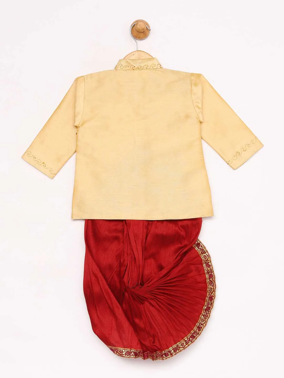 Jashvi Boy's Gold And Maroon Angrakha Kurta and Dhoti Set