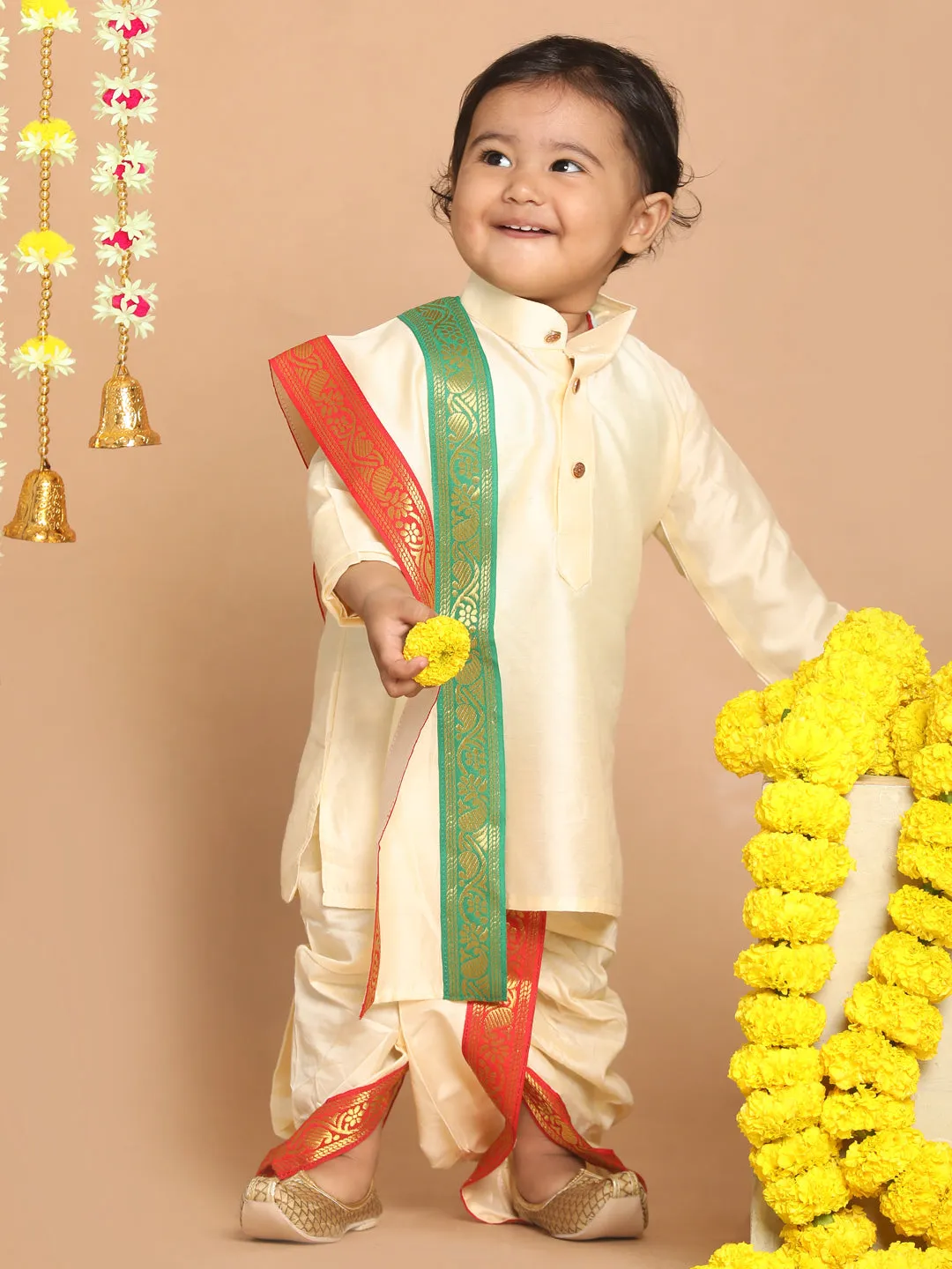 Jashvi Boy's Gold-Toned Kurta with Dhoti Pants & With Dupatta