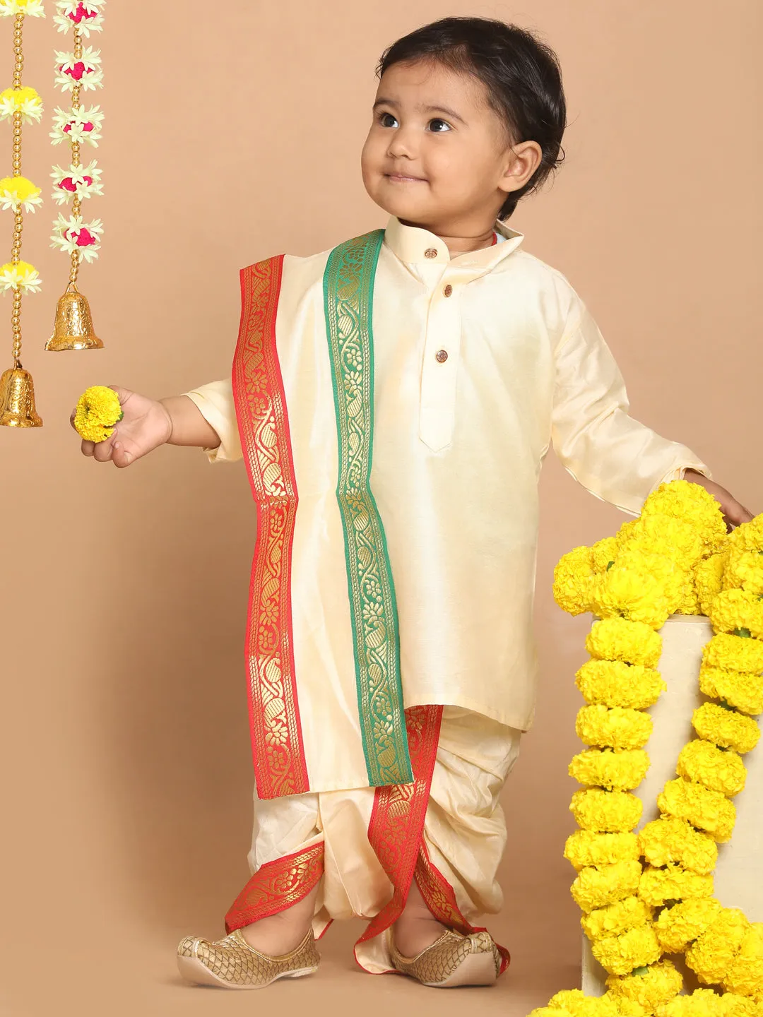 Jashvi Boy's Gold-Toned Kurta with Dhoti Pants & With Dupatta