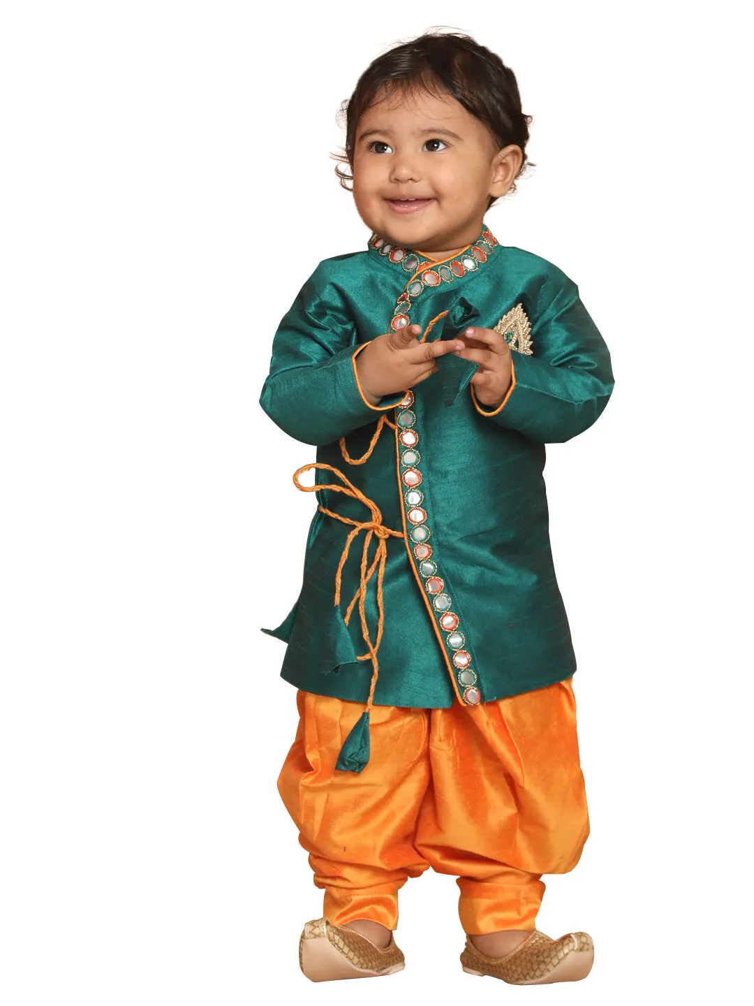 Jashvi Boy's Green Embroidered Angrakha Mirror Work Kurta with Dhoti Pants