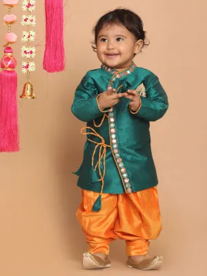 Jashvi Boy's Green Embroidered Angrakha Mirror Work Kurta with Dhoti Pants