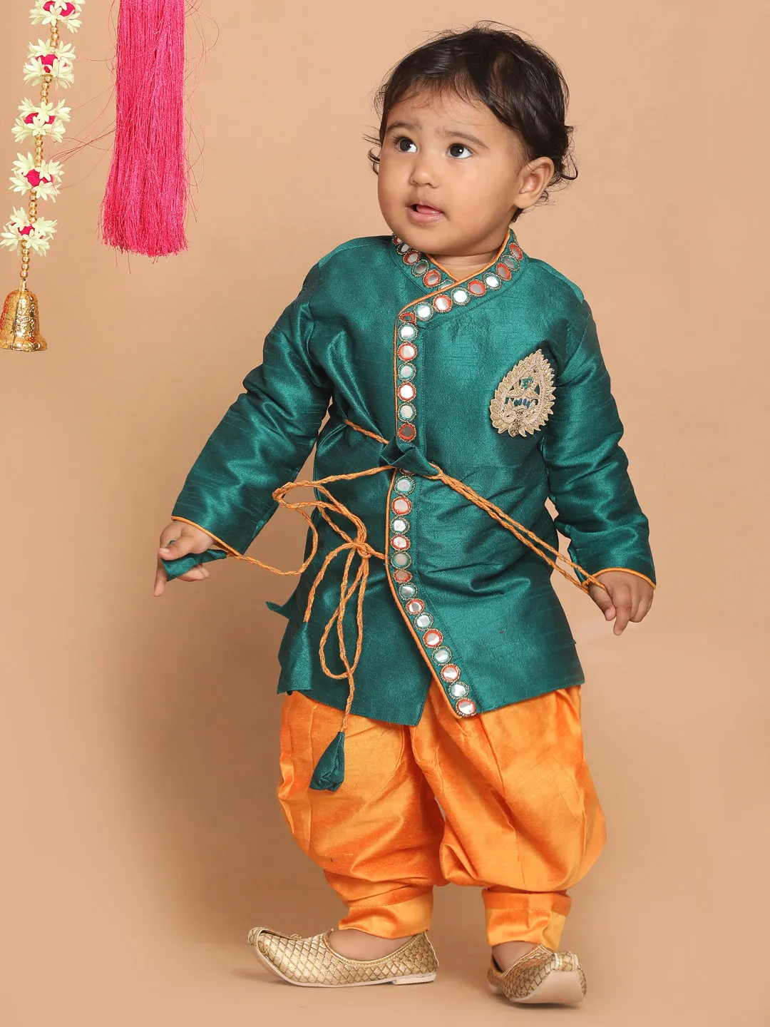 Jashvi Boy's Green Embroidered Angrakha Mirror Work Kurta with Dhoti Pants