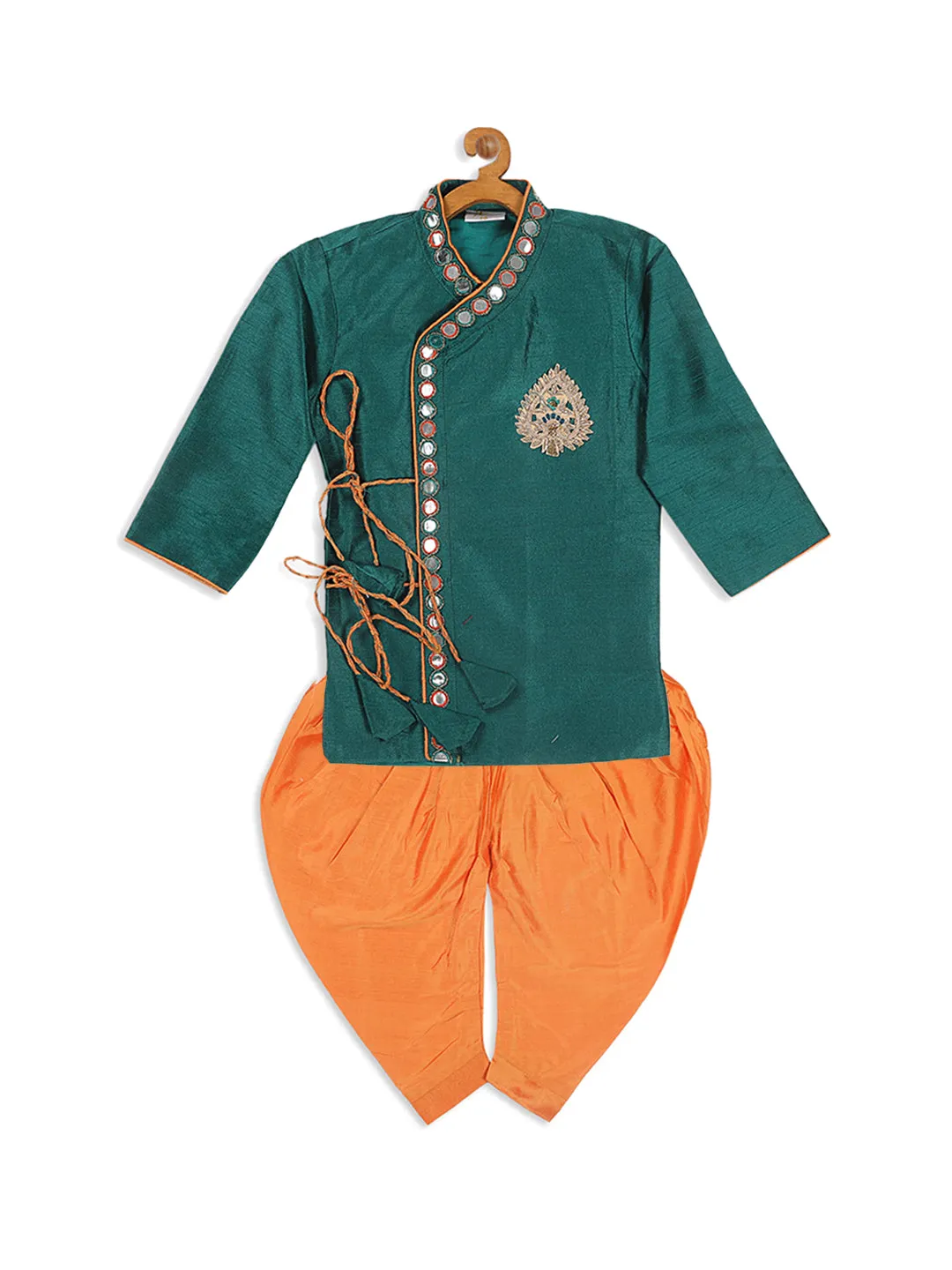 Jashvi Boy's Green Embroidered Angrakha Mirror Work Kurta with Dhoti Pants