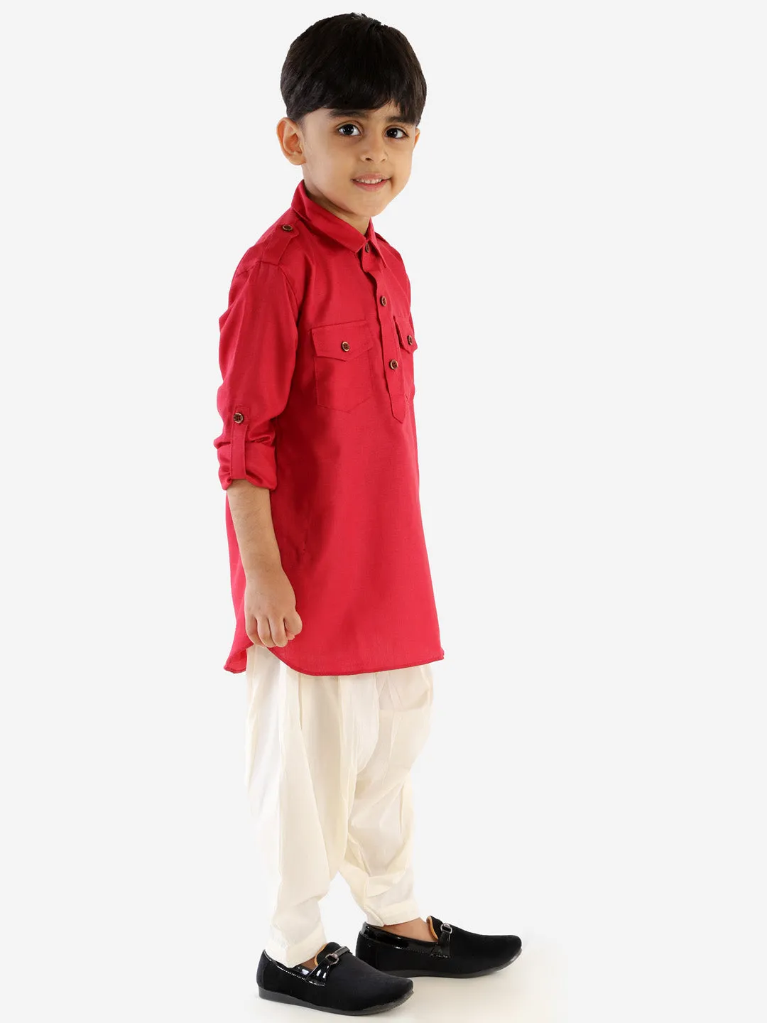 Jashvi Boy's Maroon Cotton Blend Pathani Suit Set