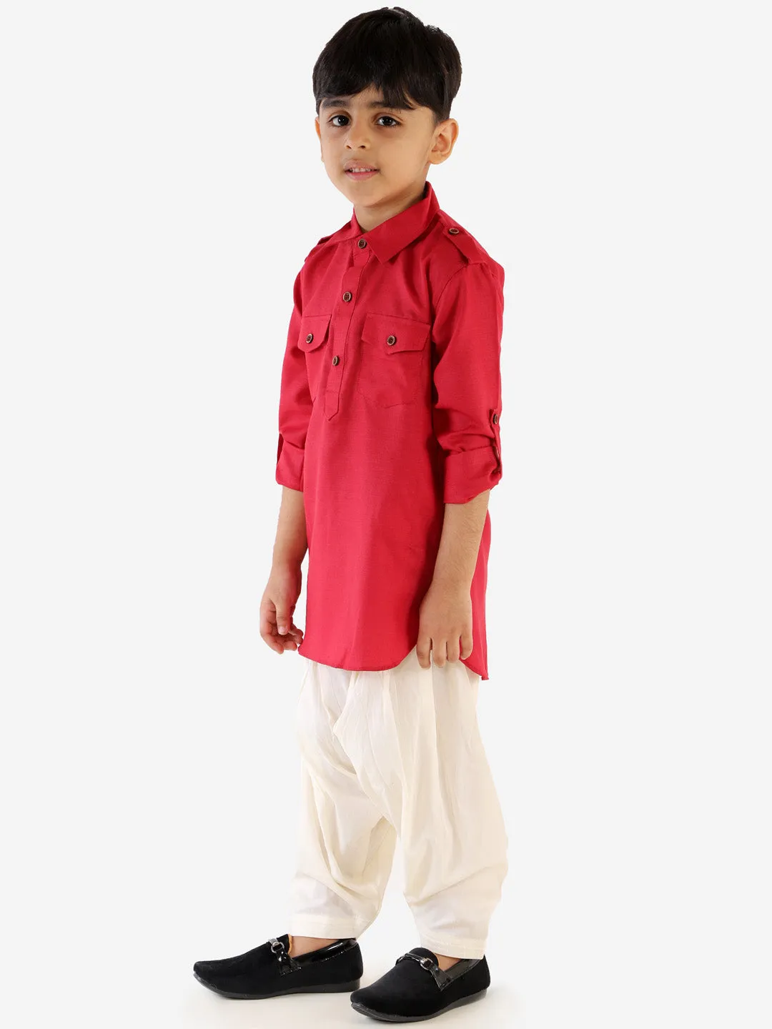 Jashvi Boy's Maroon Cotton Blend Pathani Suit Set