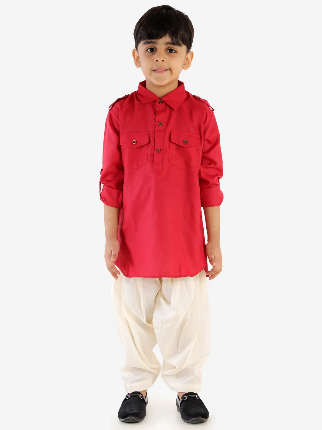 Jashvi Boy's Maroon Cotton Blend Pathani Suit Set