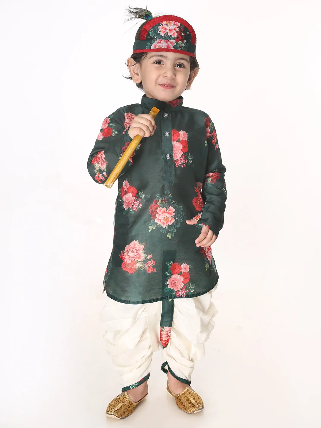 Jashvi Boys Multicolor-Base-Green Cotton Blend Kurta and Dhoti Set