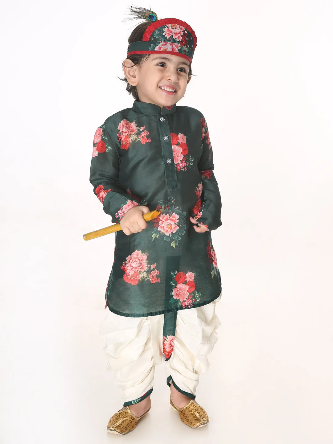 Jashvi Boys Multicolor-Base-Green Cotton Blend Kurta and Dhoti Set