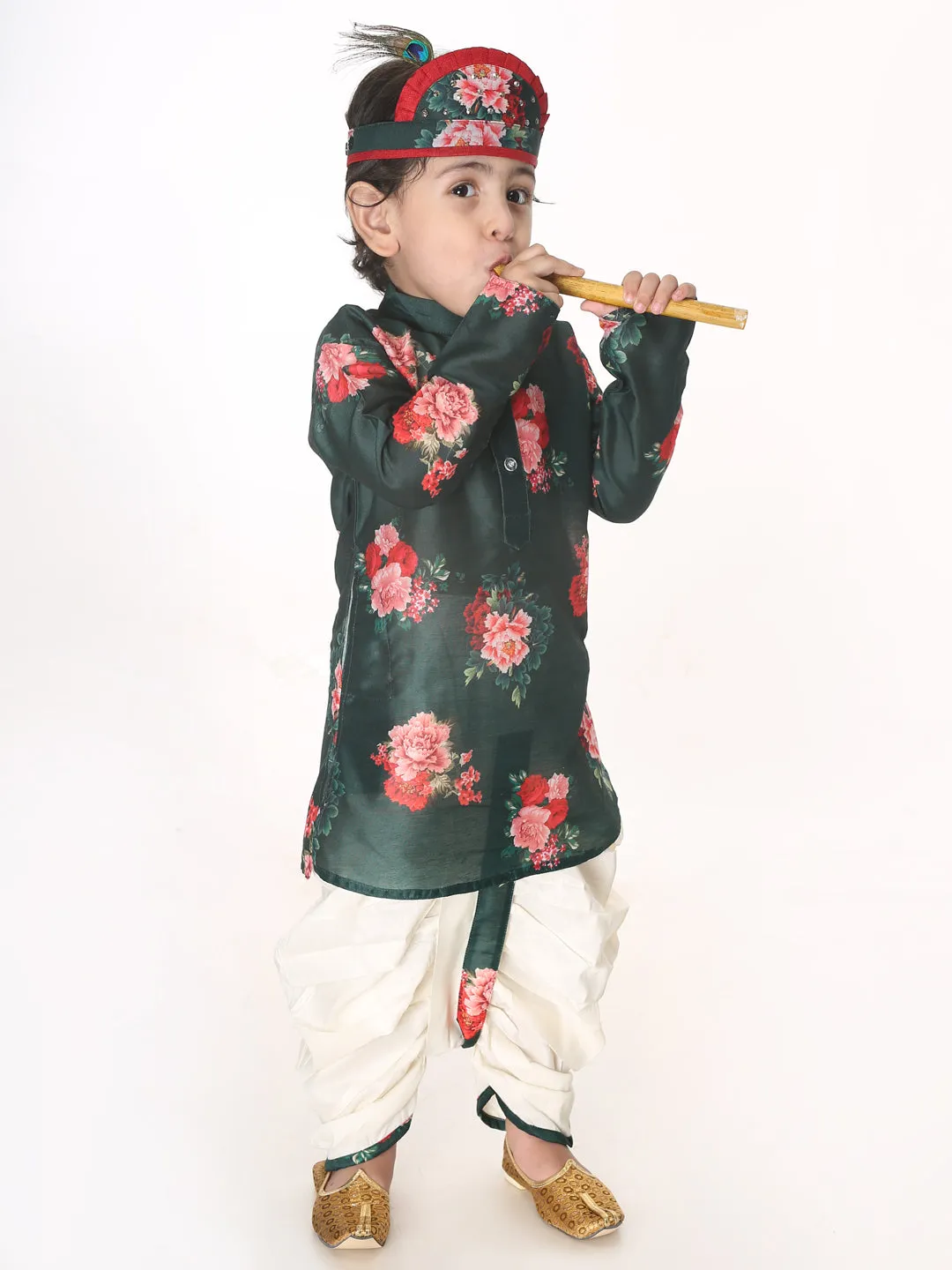 Jashvi Boys Multicolor-Base-Green Cotton Blend Kurta and Dhoti Set