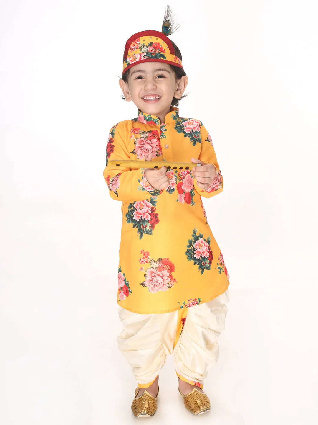 Jashvi Boys Multicolor-Base-Yellow Cotton Blend Kurta and Dhoti Set