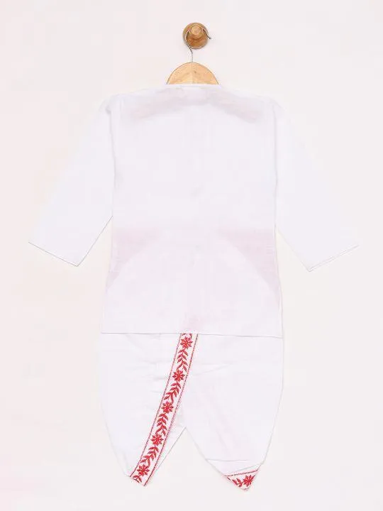 Jashvi Boy's White Embroidered Cotton Kurta and Dhoti Set