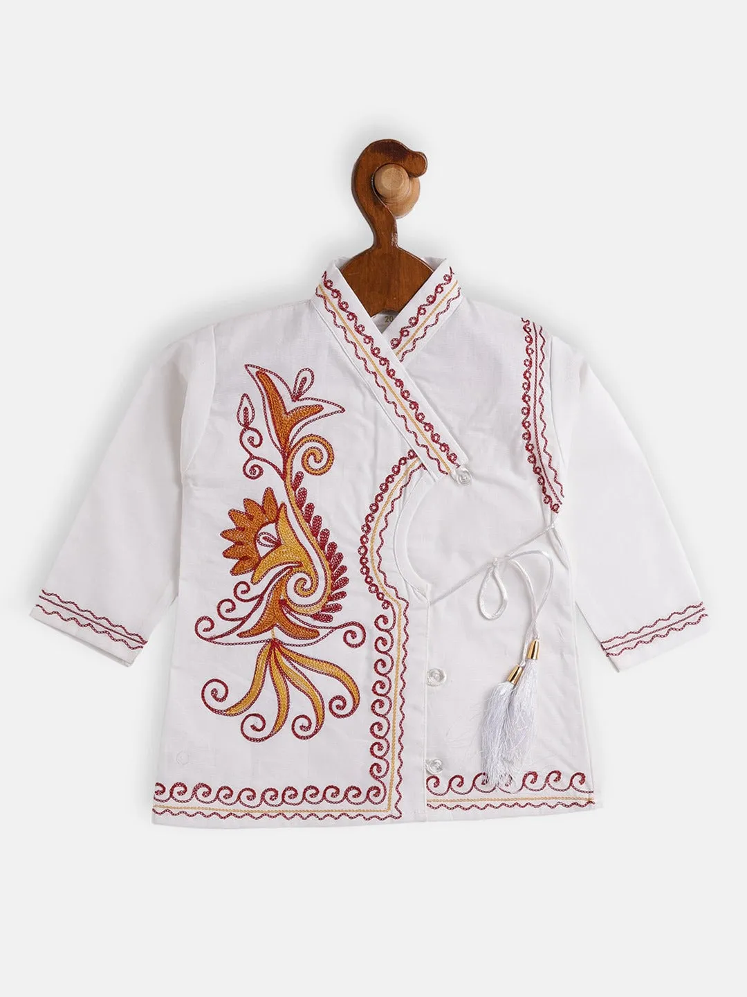 Jashvi Boy's White Ethnic Motifs Embroidered Angrakha Kurta With Dhoti Pants