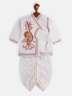 Jashvi Boy's White Ethnic Motifs Embroidered Angrakha Kurta With Dhoti Pants