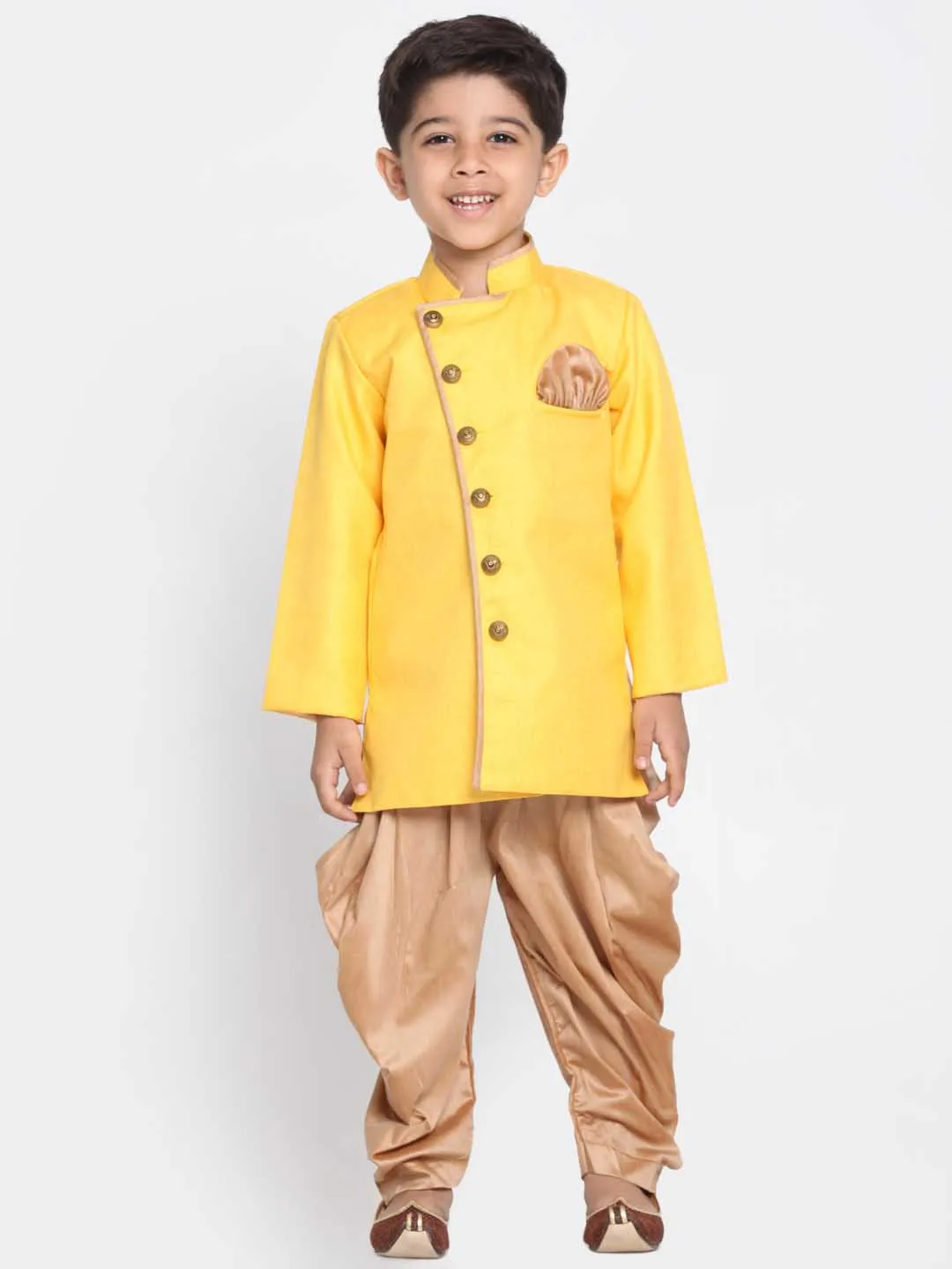 Jashvi Boy's Yellow Jute Silk Blend Sherwani Set