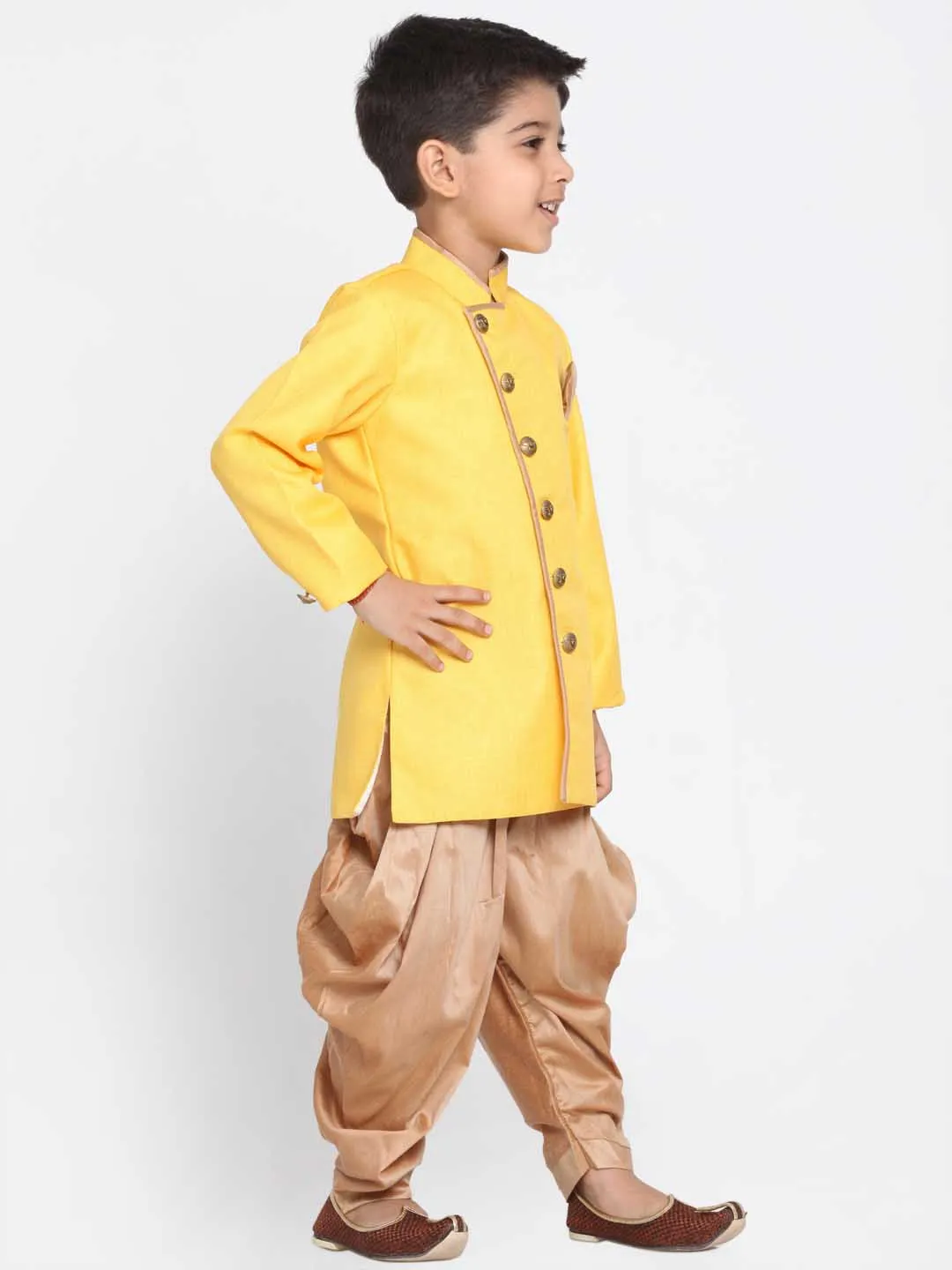 Jashvi Boy's Yellow Jute Silk Blend Sherwani Set