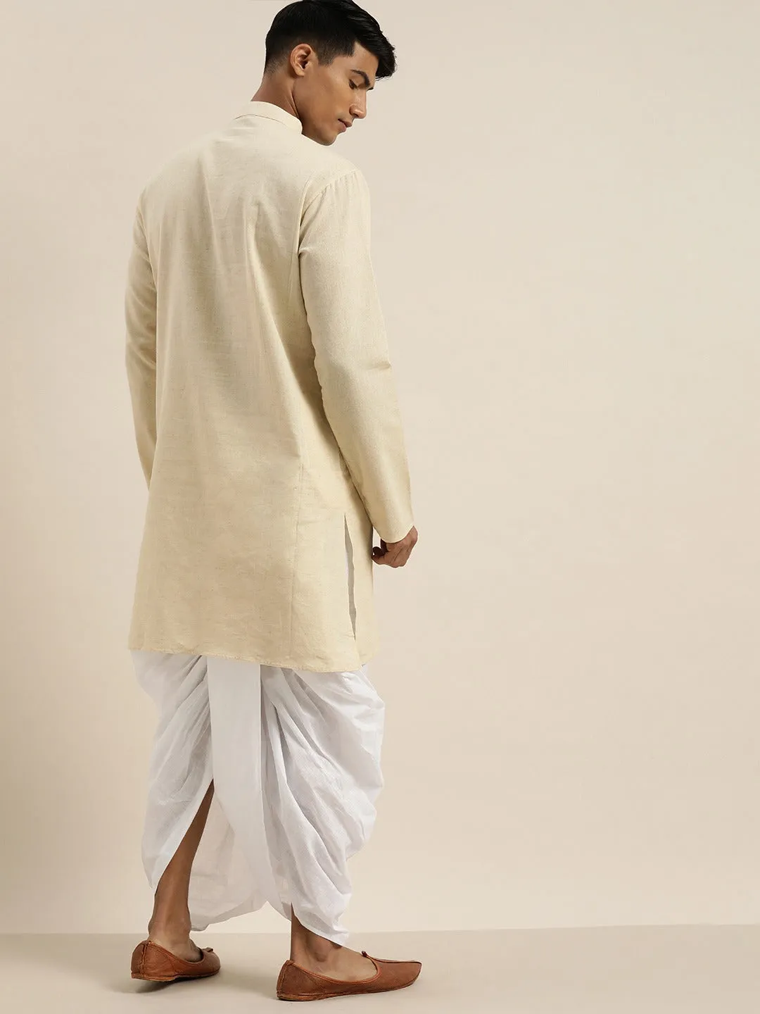 Jashvi Men's Beige Pure Cotton Kurta with Dhoti Pant Set